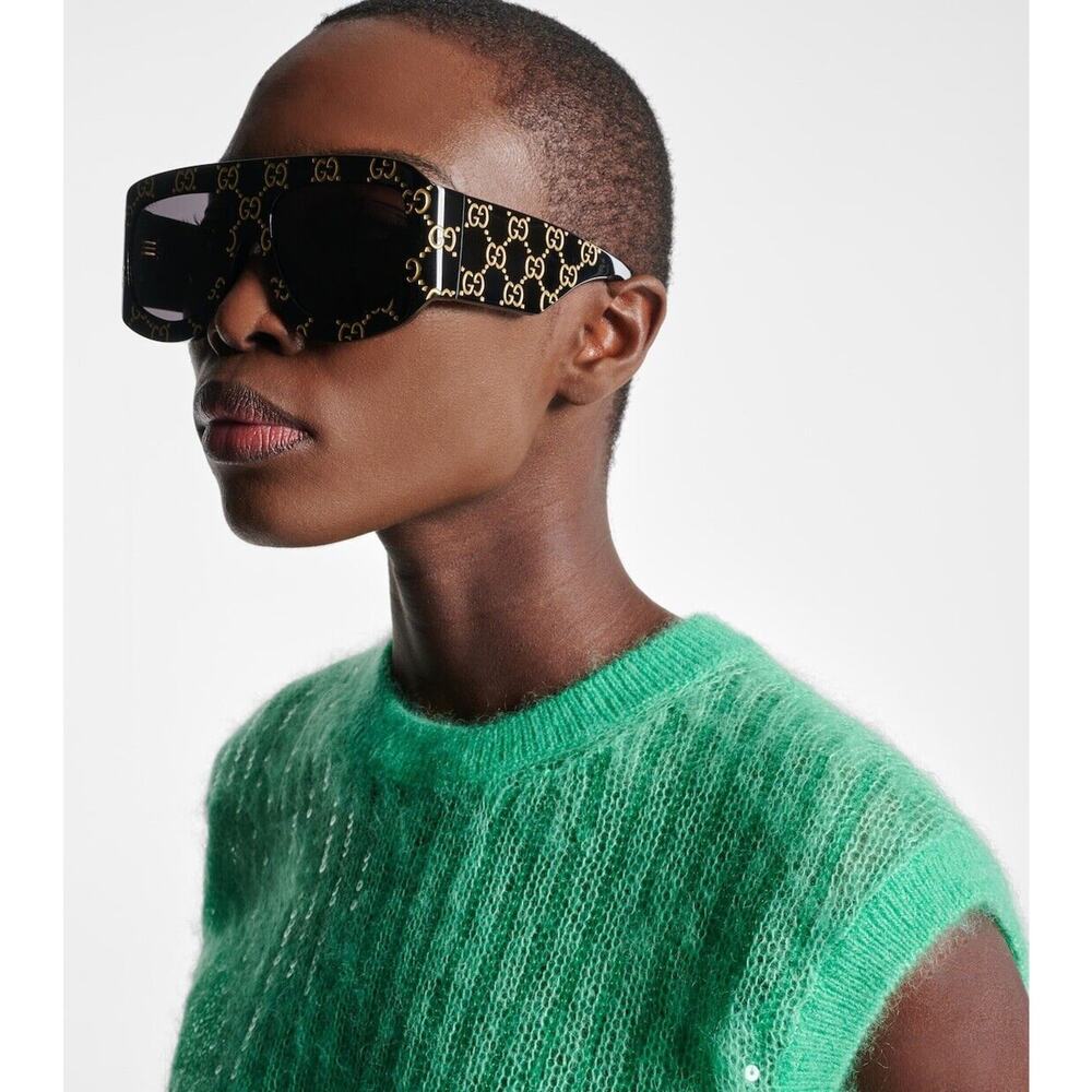 Gucci GG0983S 004 Black Gold Grey Lens Soft Square Oversize Monogram Sunglasses